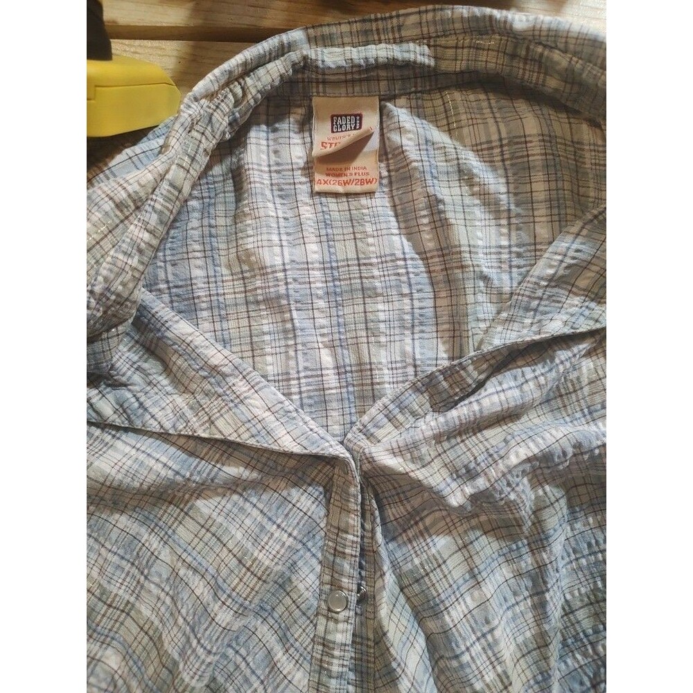 Faded Glory Womens Blue White Plaid Pearl Snap 3/4 Sleeve Rodeo Shirt Size 4X